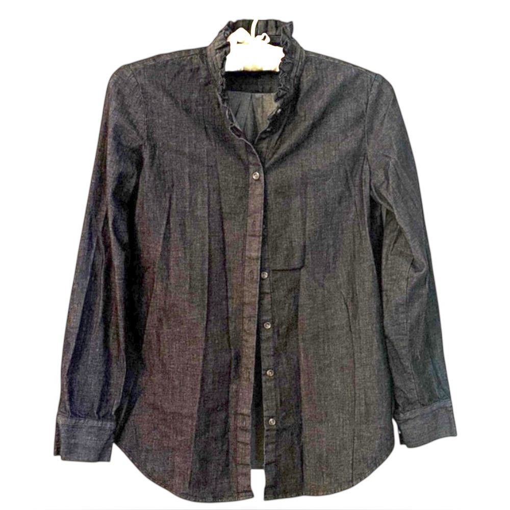 Banana Republic Shirt Denim Dark Blue Dillon Long Sleeve XS Ruffle Neck